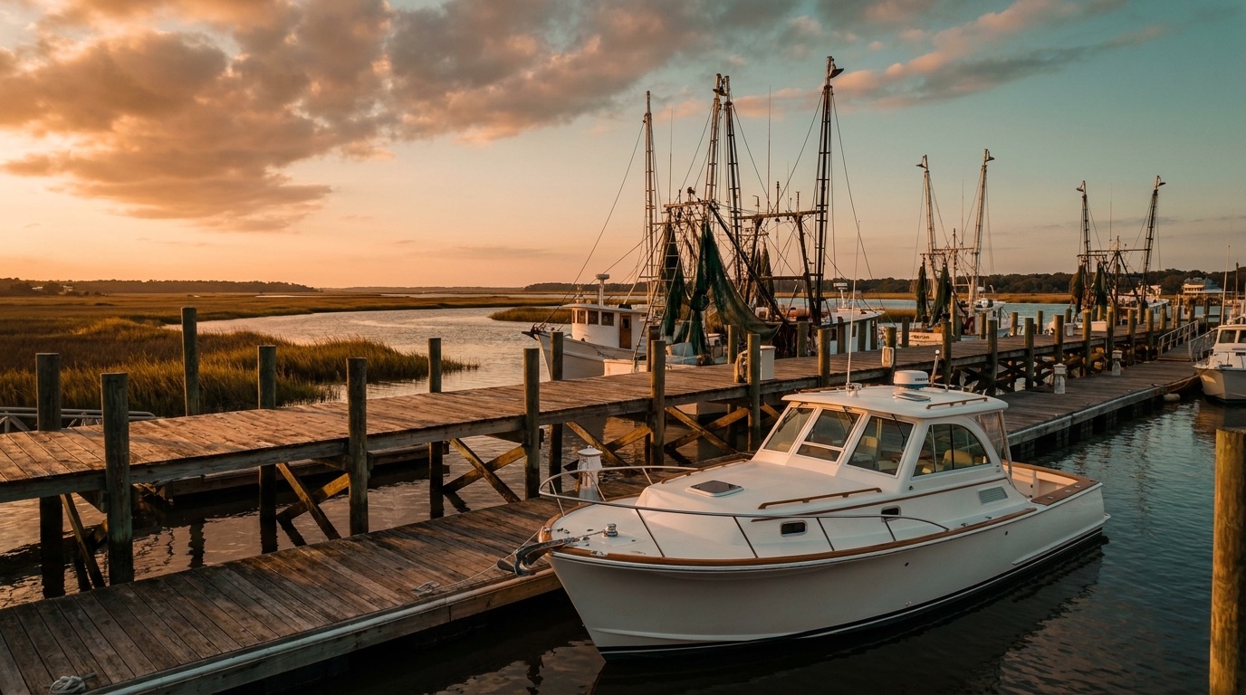 Historic Fernandina Beach shrimp-boat harbor and marsh waterfront on Amelia Island at golden hour