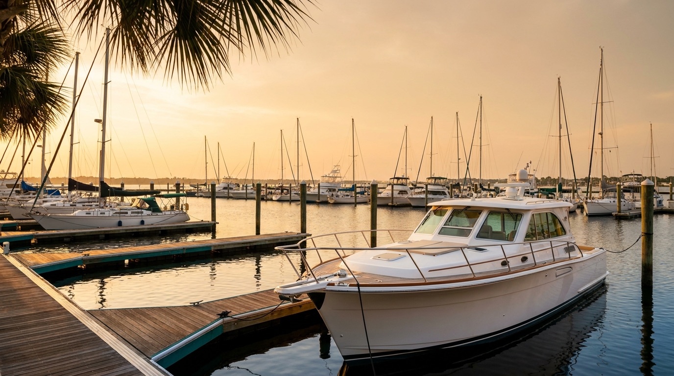 Intracoastal marina at Jacksonville Beach with palms and docked boats at golden hour