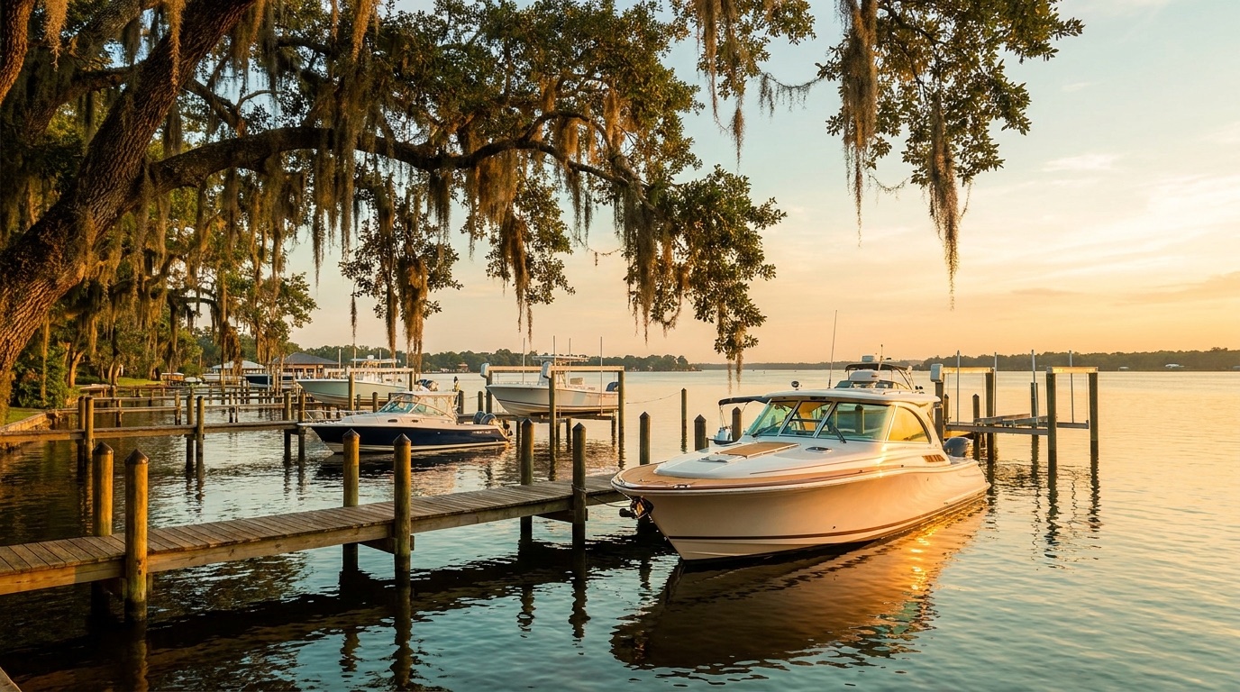 Moss-draped oaks over the St. Johns River waterfront in Mandarin, Jacksonville at golden hour