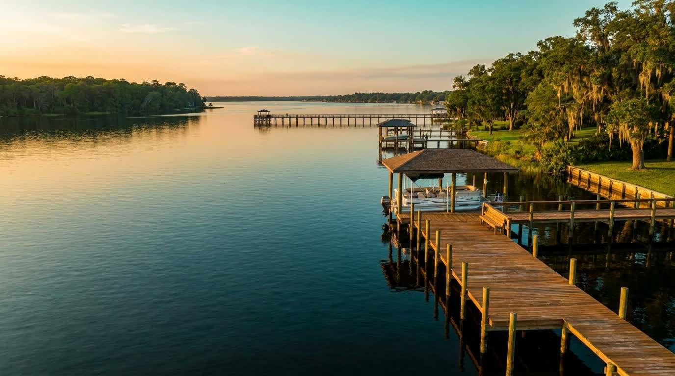 Docks on the wide St. Johns River along the Orange Park riverfront at golden hour
