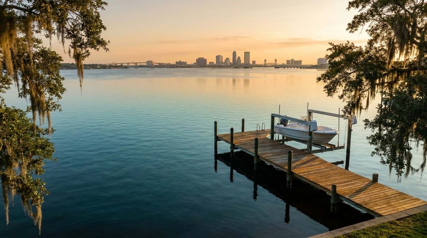 The St. Johns River and downtown Jacksonville skyline seen from the San Marco riverfront