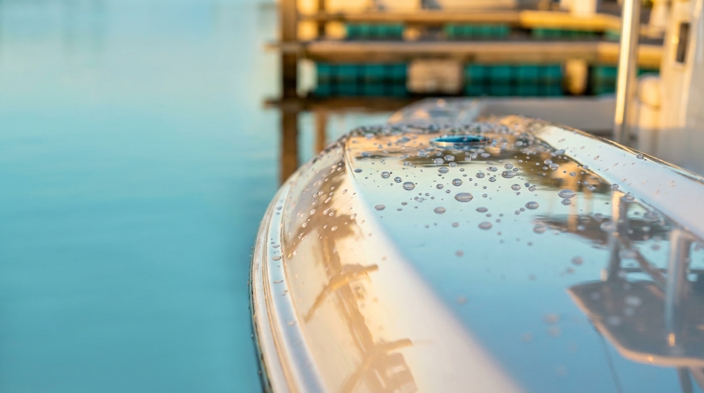 Water beading on a freshly ceramic-coated glossy white boat hull at golden hour