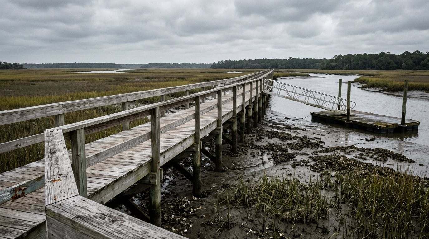 A long cleaned wooden walkway dock crossing the salt marsh to the Amelia River near Fernandina Beach, Florida