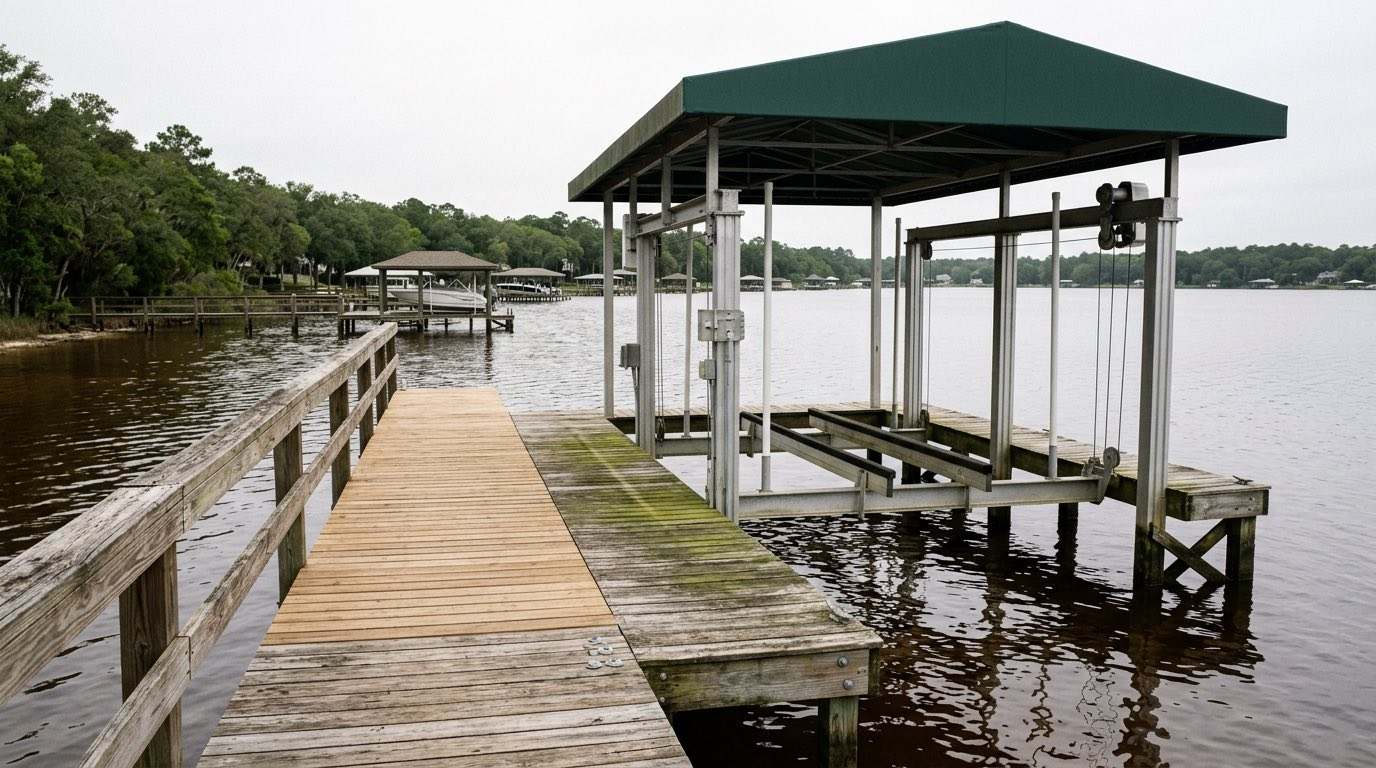 A cleaned wooden dock with a boat lift on the tea-colored water of Doctors Lake, Fleming Island Florida