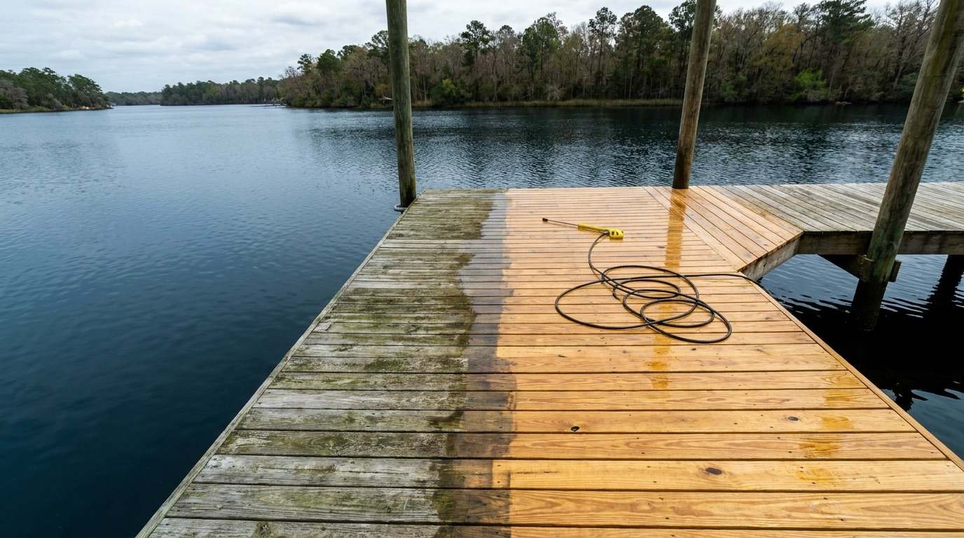 A freshly cleaned wooden boat dock on a Florida river, half the boards bright and clean, algae washed away