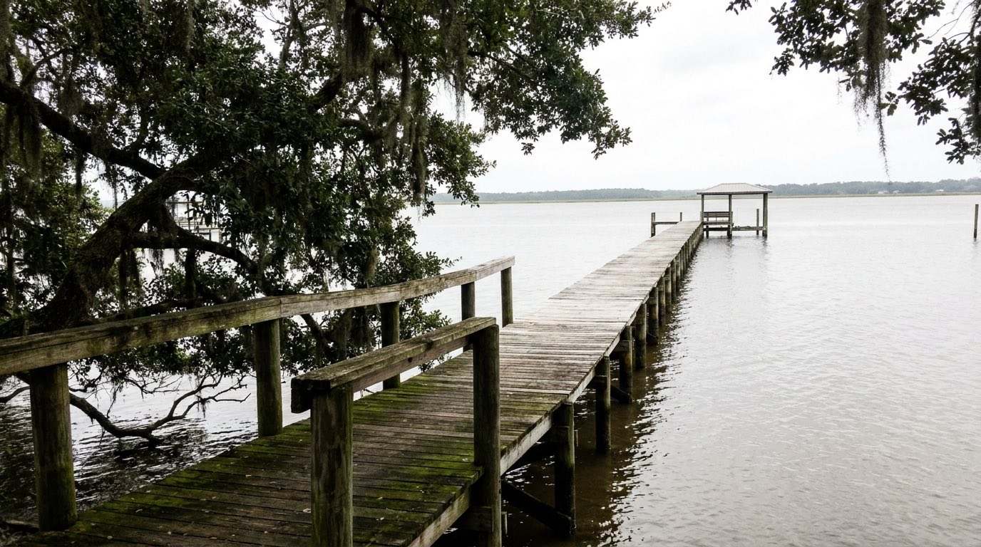 A long cleaned wooden walkway dock reaching out over the wide St. Johns River in Mandarin, Jacksonville