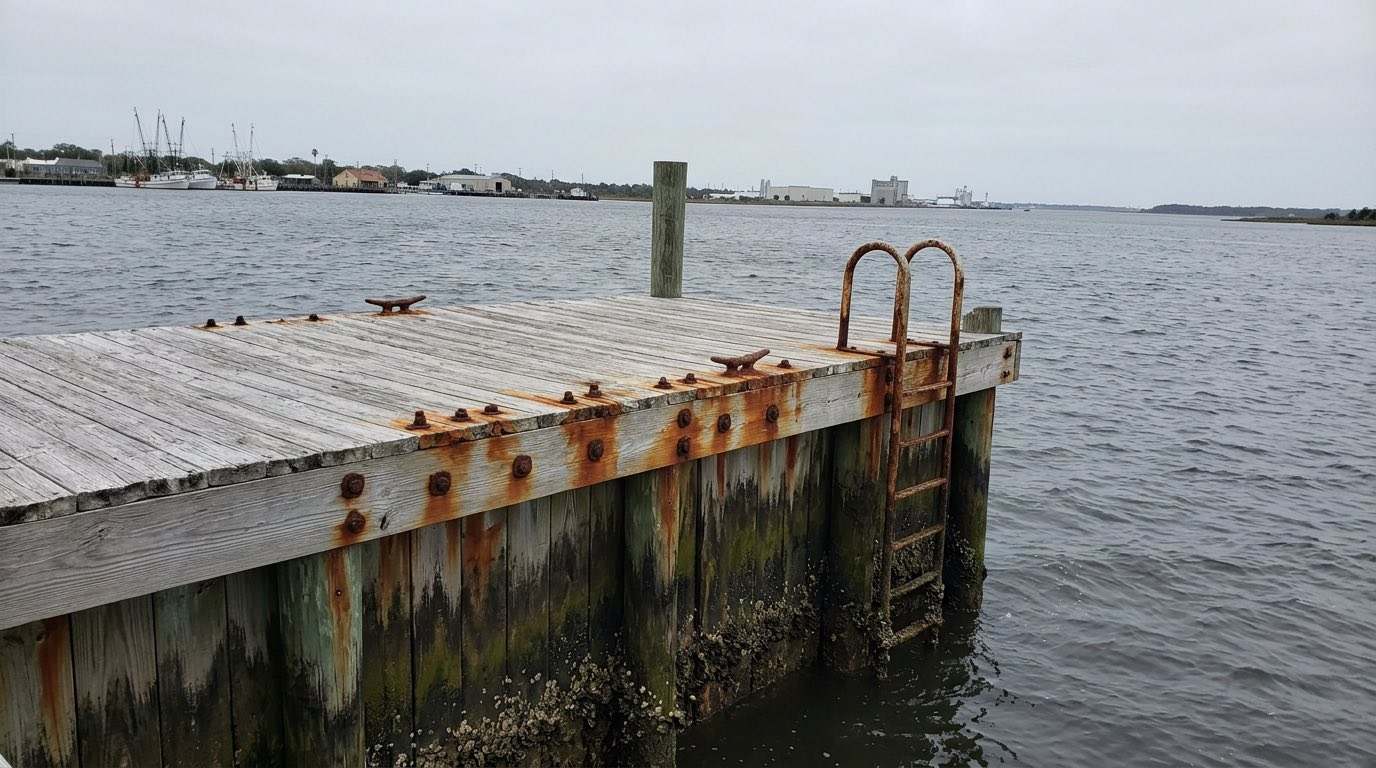 A cleaned and sealed dock on the salt water at Mayport, where the St. Johns River meets the Atlantic