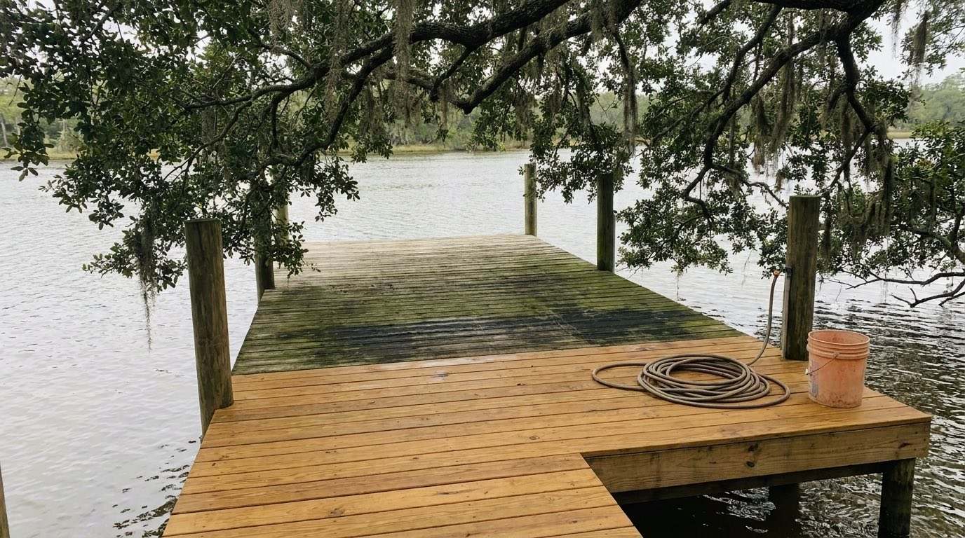A clean, freshly sealed wooden dock stepping down to the Ortega River in Jacksonville under live oaks