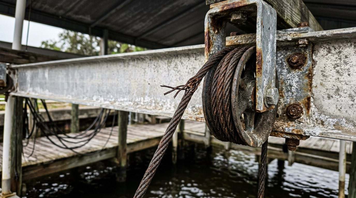 A boat lift with cradle beams and cables at a private dock in Northeast Florida