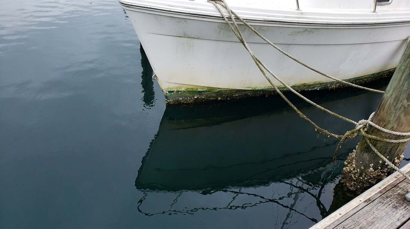 A white boat hull in a Jacksonville marina slip with a green algae slime line along the waterline