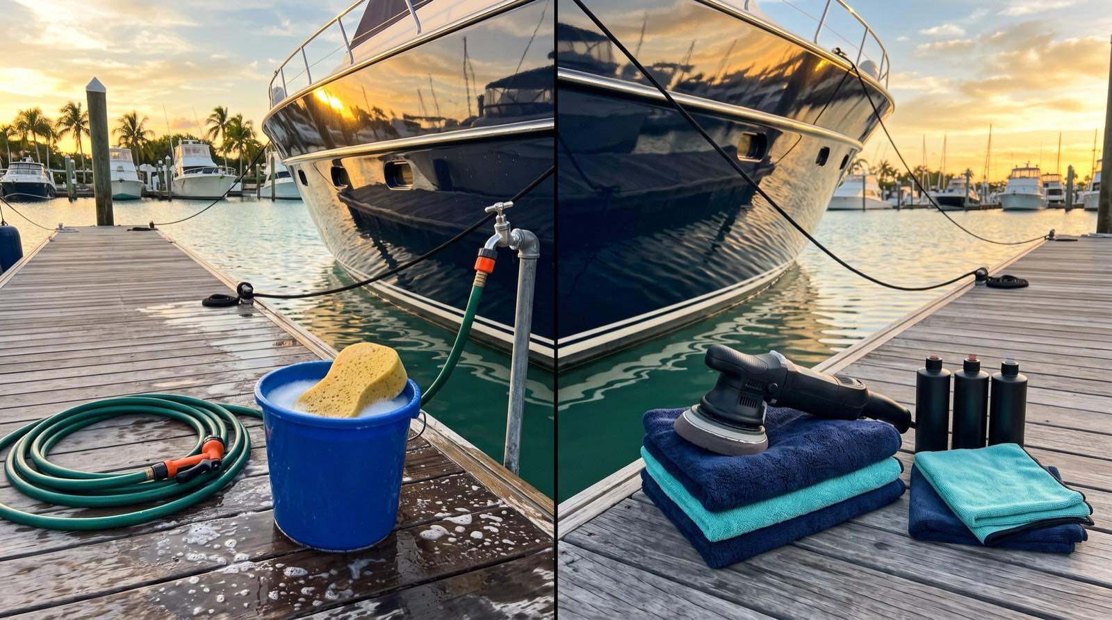 Boat dock split between DIY wash bucket with sponge and professional polisher with compounds