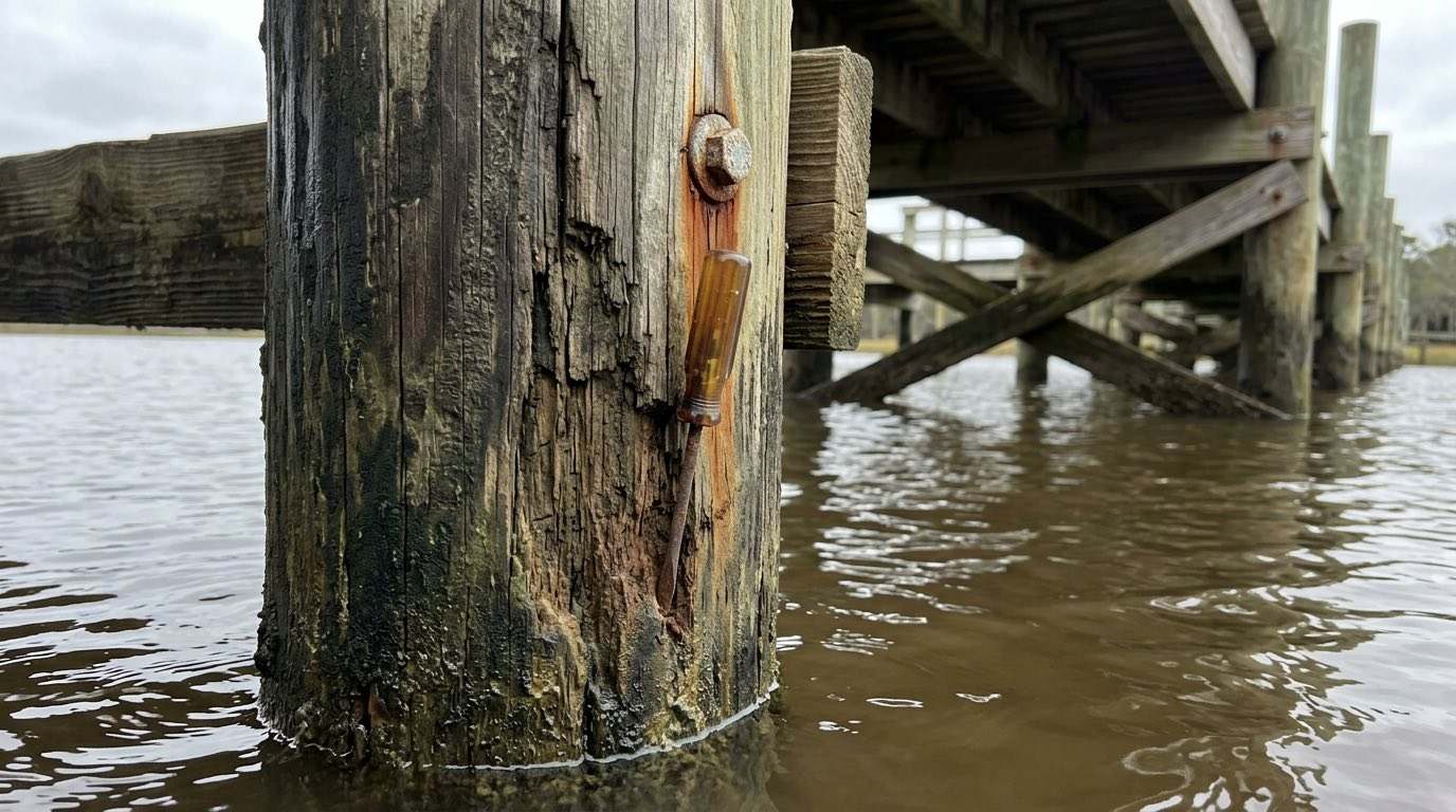 A wooden dock with pilings and ladder on a Northeast Florida river, ready for inspection