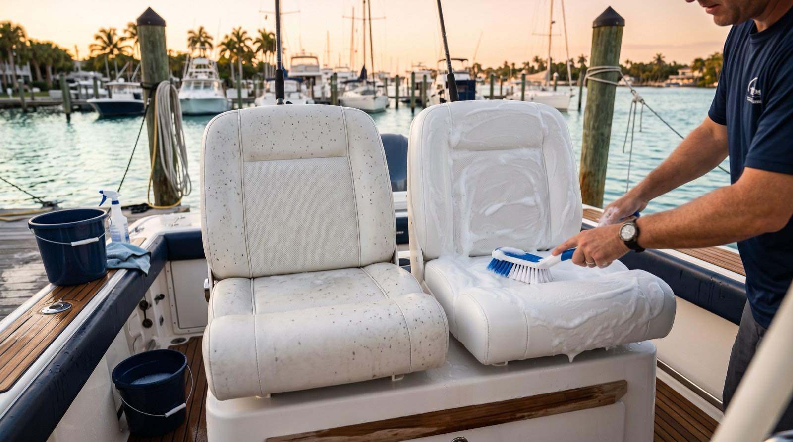 White vinyl boat seats being deep-cleaned with a soft brush and foaming marine cleaner