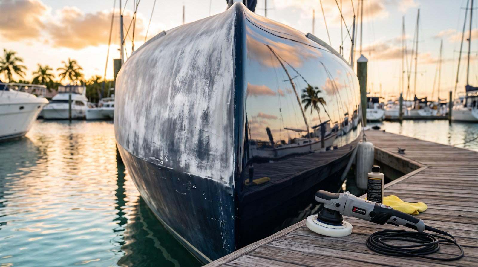 Oxidized white boat hull half restored to a mirror gloss, polisher resting on the dock