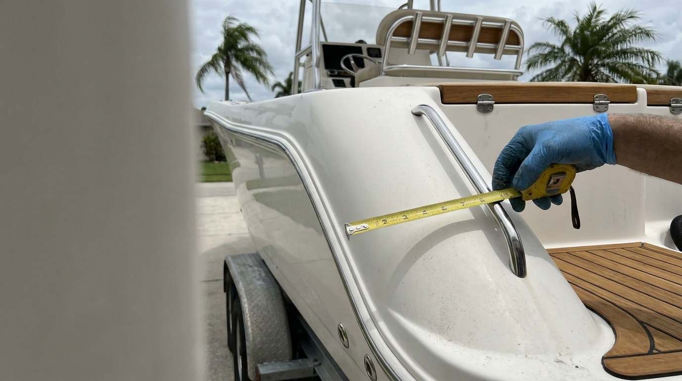 A detailer's gloved hand measuring a white center console hull with a tape measure — boat detailing priced by the foot