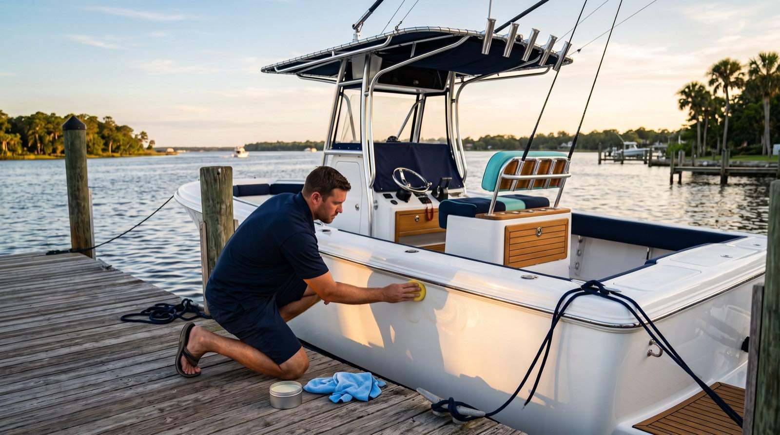 Hand-applying paste wax with a foam pad to a gleaming white boat hull at a Florida dock