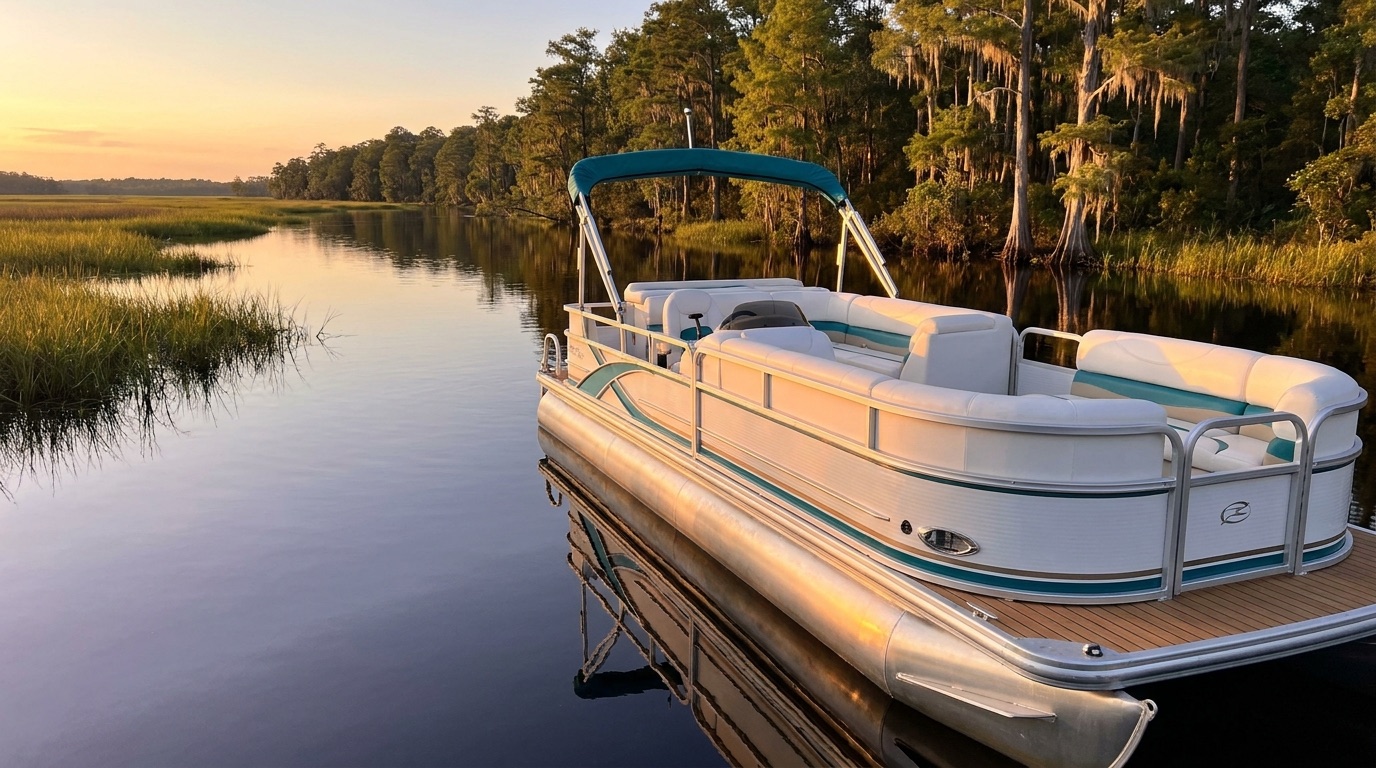 A clean detailed pontoon boat with gleaming aluminum and spotless vinyl furniture on a Florida river at golden hour